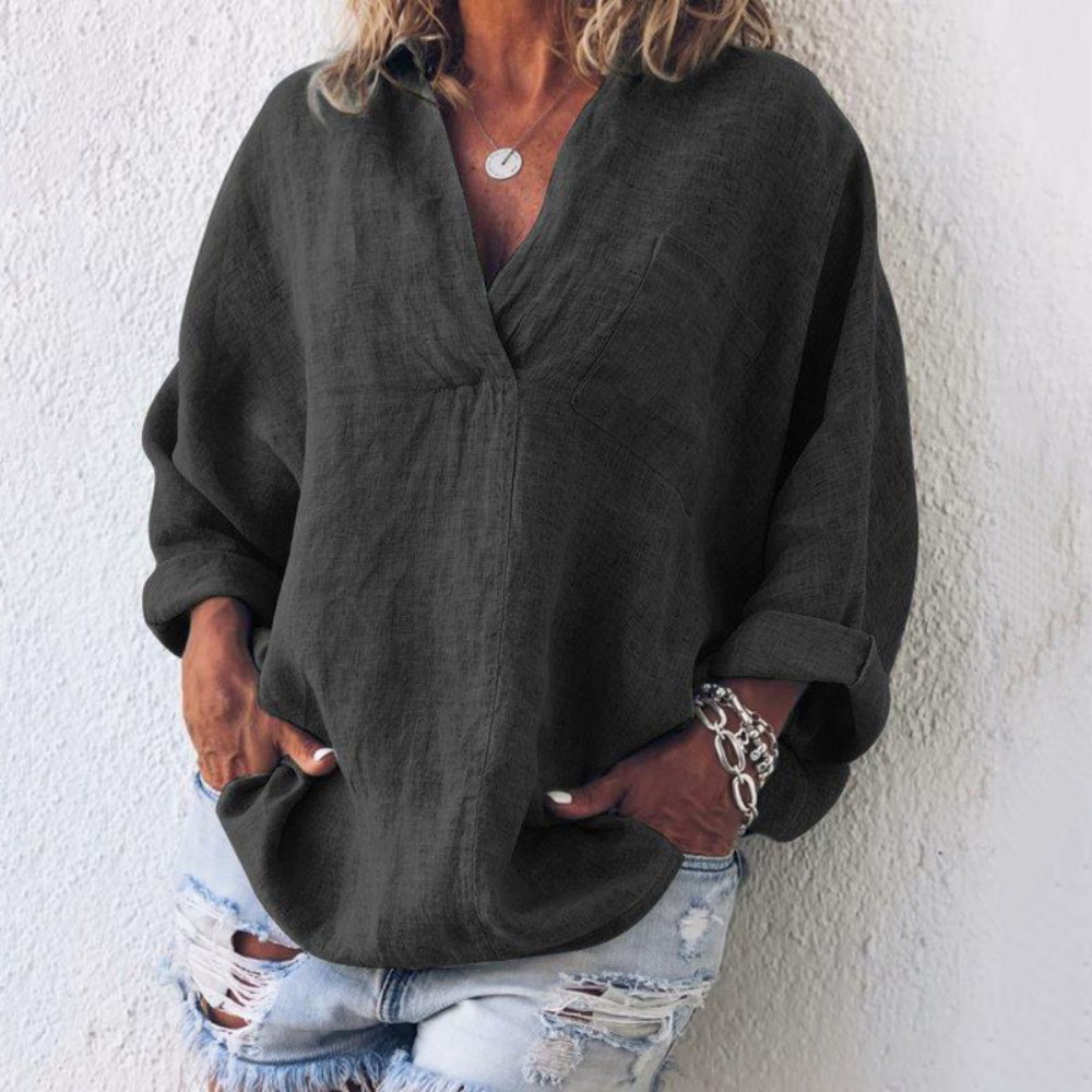 Linen V-Neck Blouse Relaxed Fit Oversized Design - Detailed view