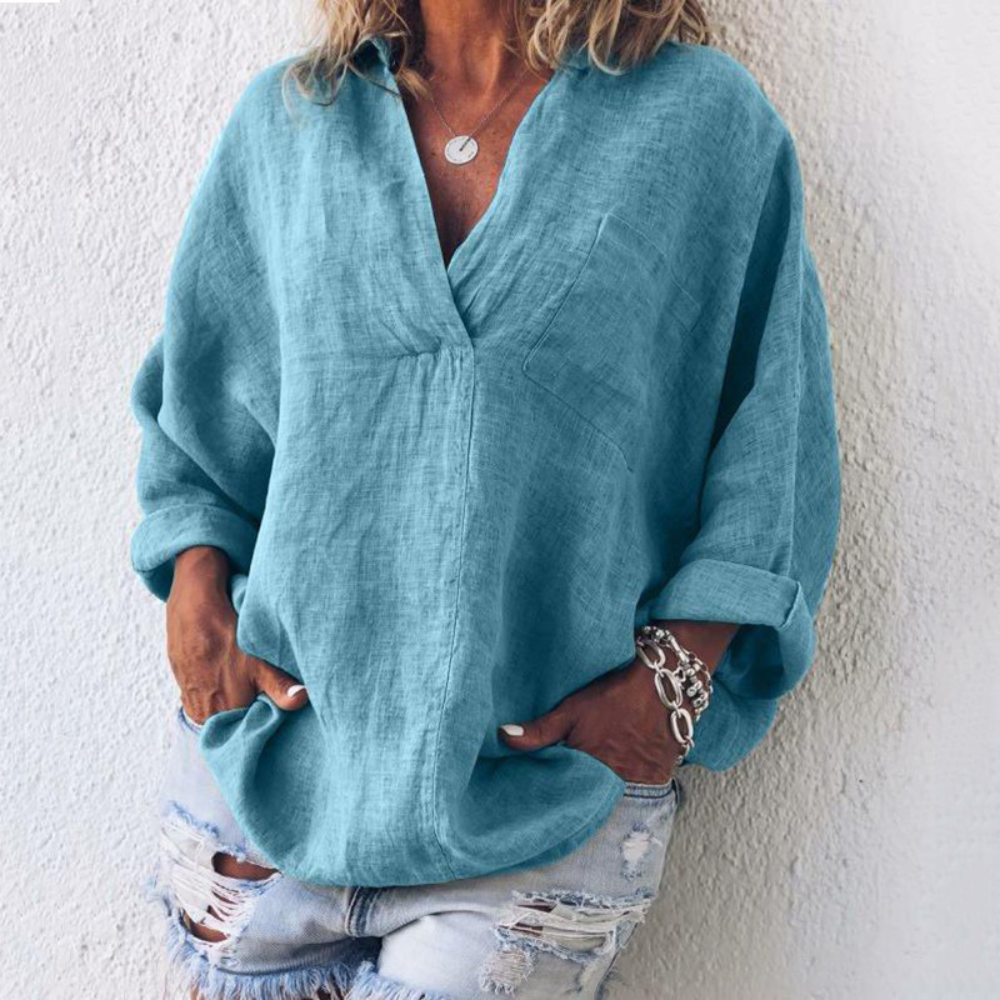 Linen V-Neck Blouse Relaxed Fit Oversized Design - Product detail 8