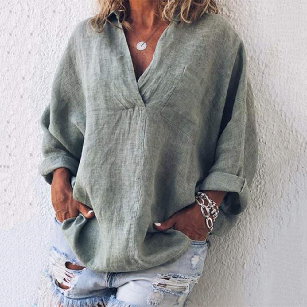 Linen V-Neck Blouse Relaxed Fit Oversized Design - Product detail 9