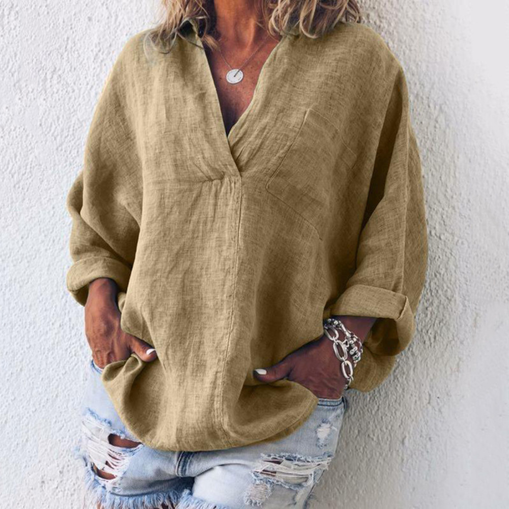 Linen V-Neck Blouse Relaxed Fit Oversized Design - Product detail 10