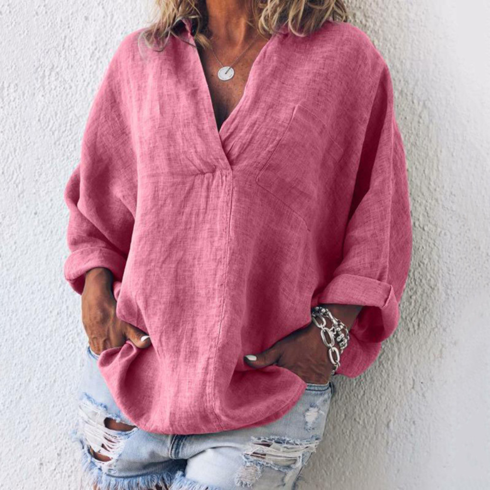 Linen V-Neck Blouse Relaxed Fit Oversized Design - Product detail 6