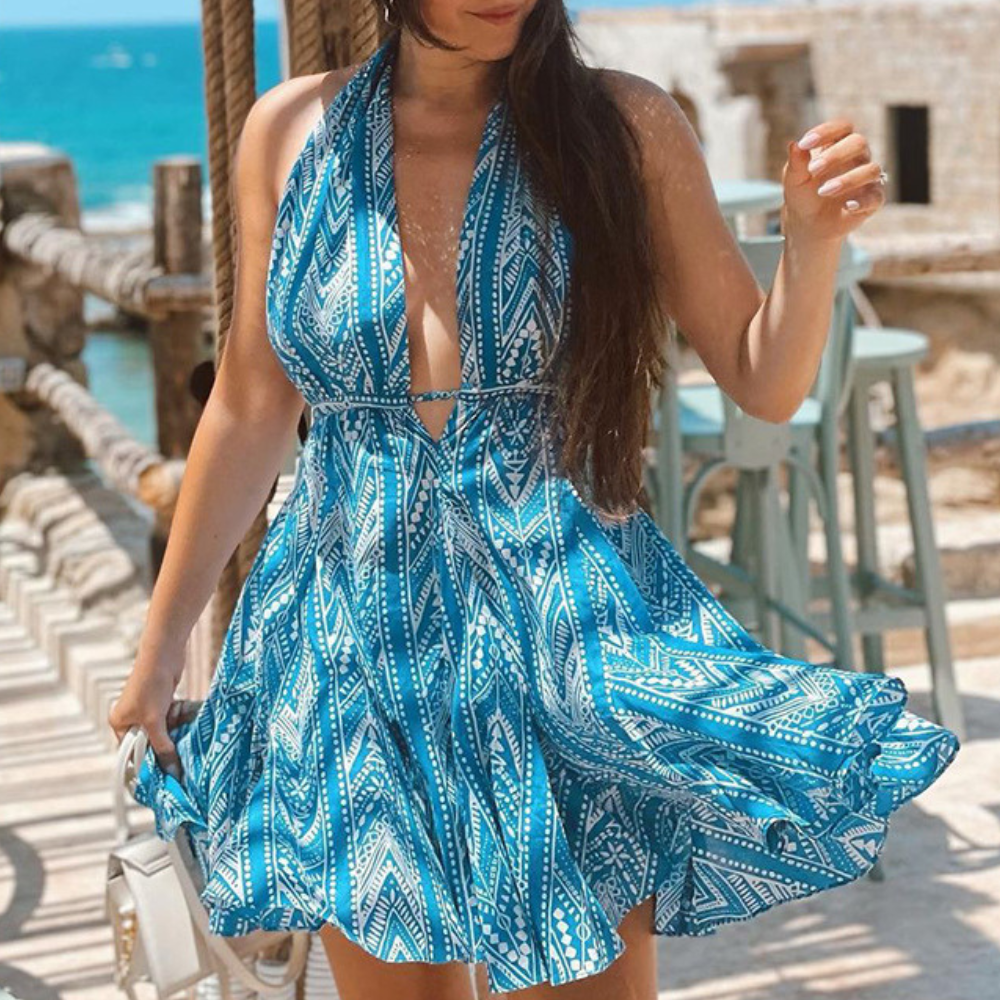 Geometric Print Summer Dress Halter Neck Backless Design - Product showcase