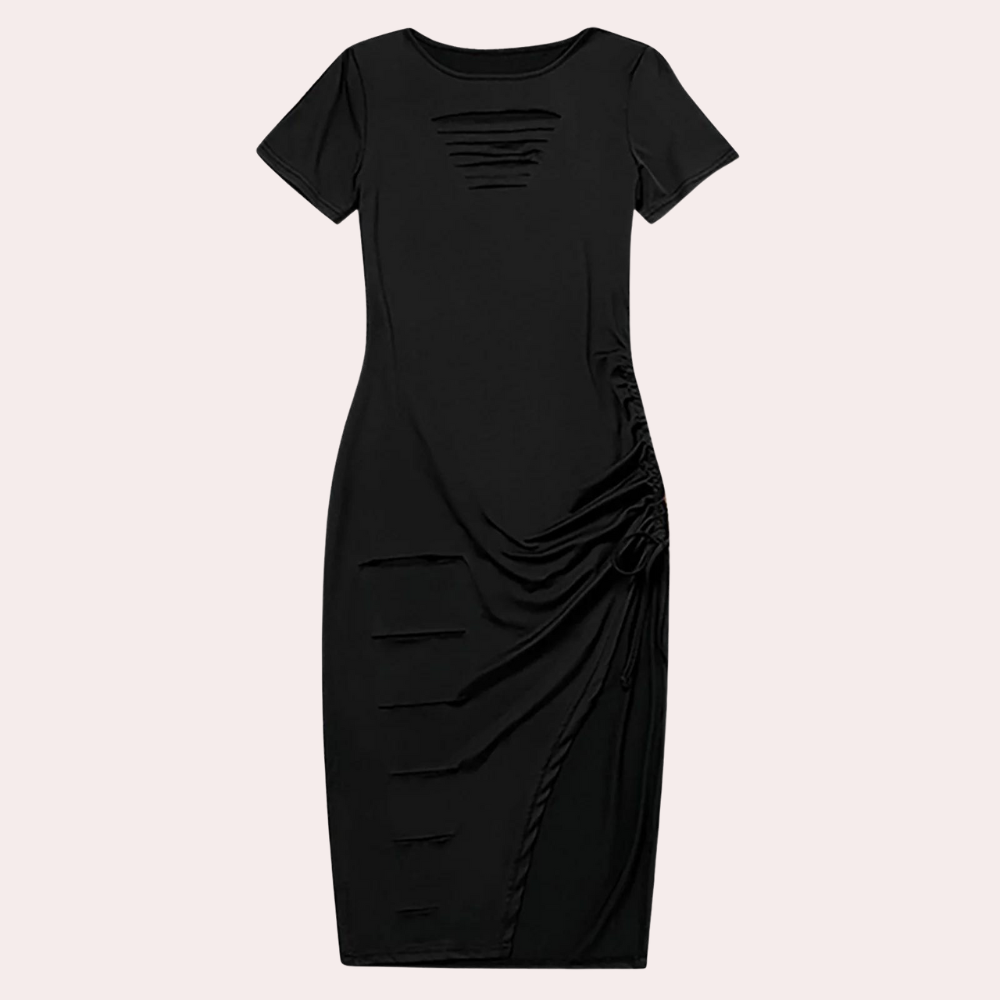 Distressed Bodycon Dress Ruched Side Slit Design - Detailed view