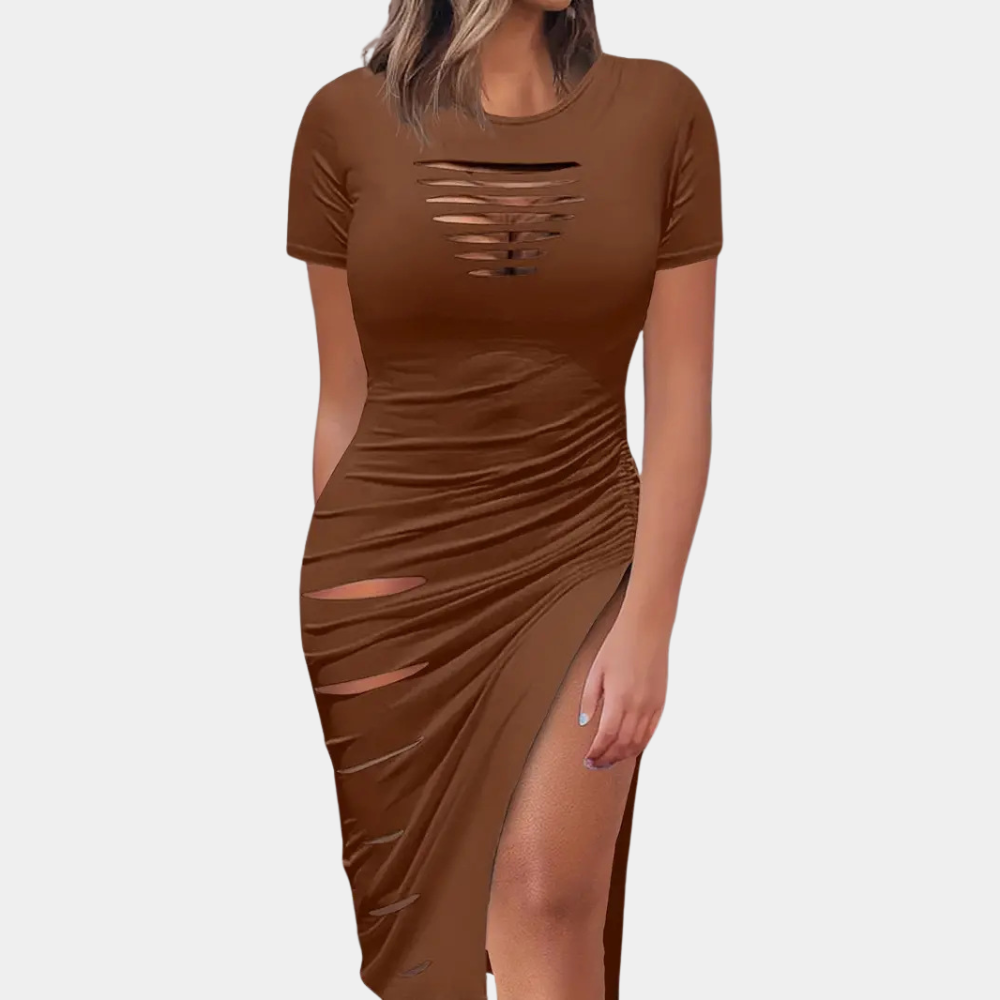Distressed Bodycon Dress Ruched Side Slit Design - Product detail 9