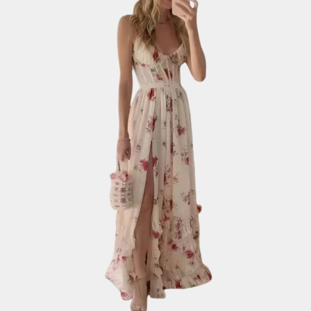 Floral Maxi Dress Sage Green Split Front Design - Detailed view