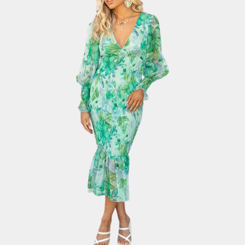 Floral Midi Dress Smocked Waist Green Botanical Print - Product detail 5