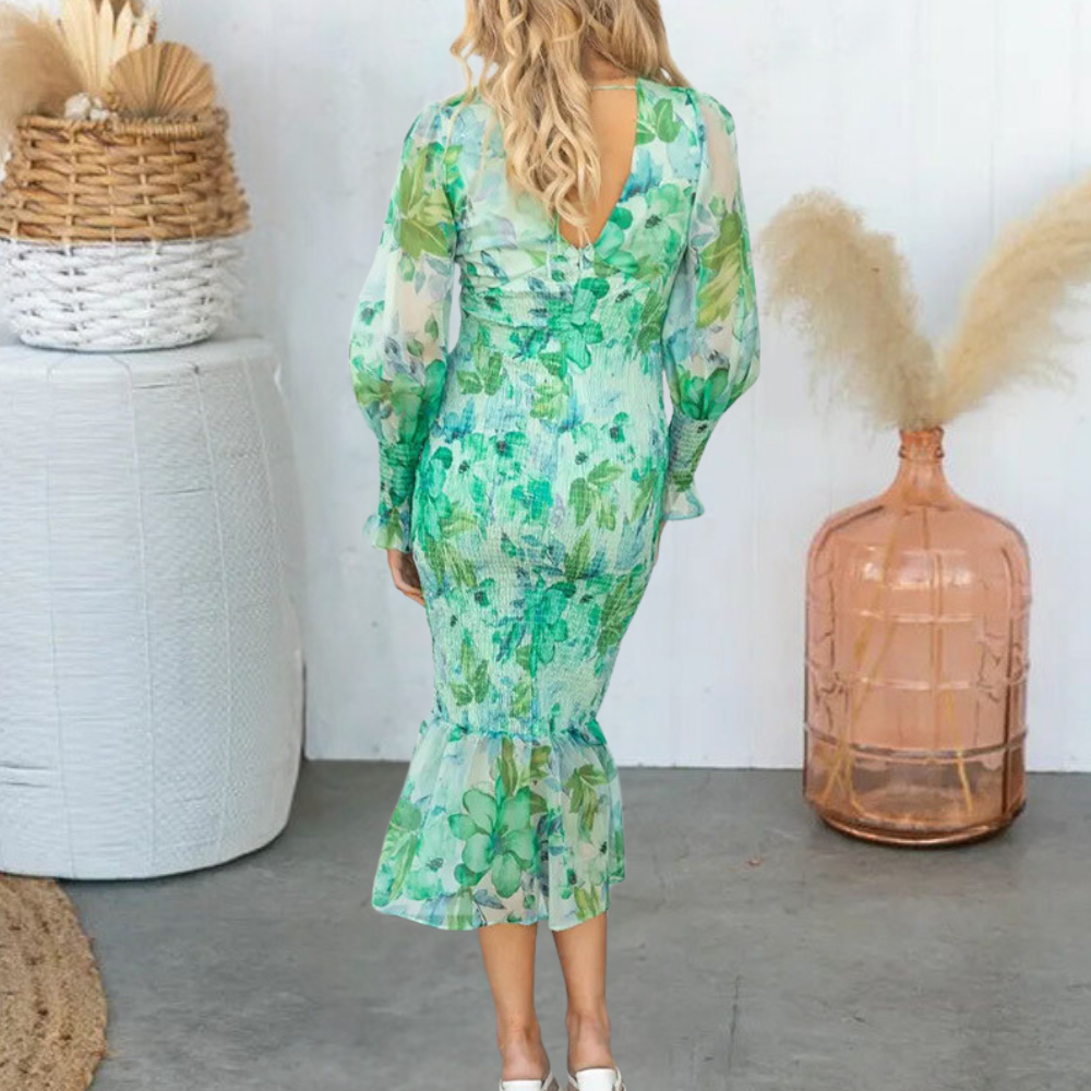 Floral Midi Dress Smocked Waist Green Botanical Print - Product example
