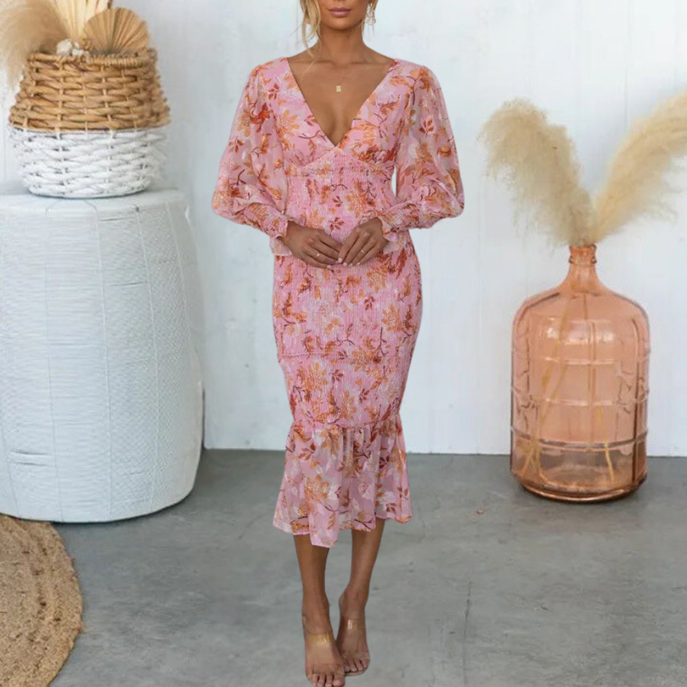 Floral Midi Dress Smocked Waist Green Botanical Print - Detailed view