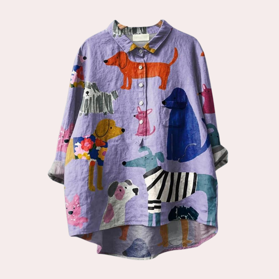 Cotton Dog Print Shirt Artistic Animal Pattern Button-Down - Product showcase