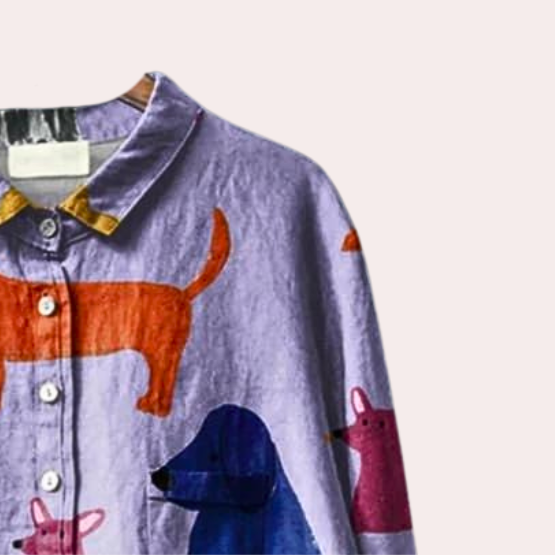 Cotton Dog Print Shirt Artistic Animal Pattern Button-Down - Detailed view