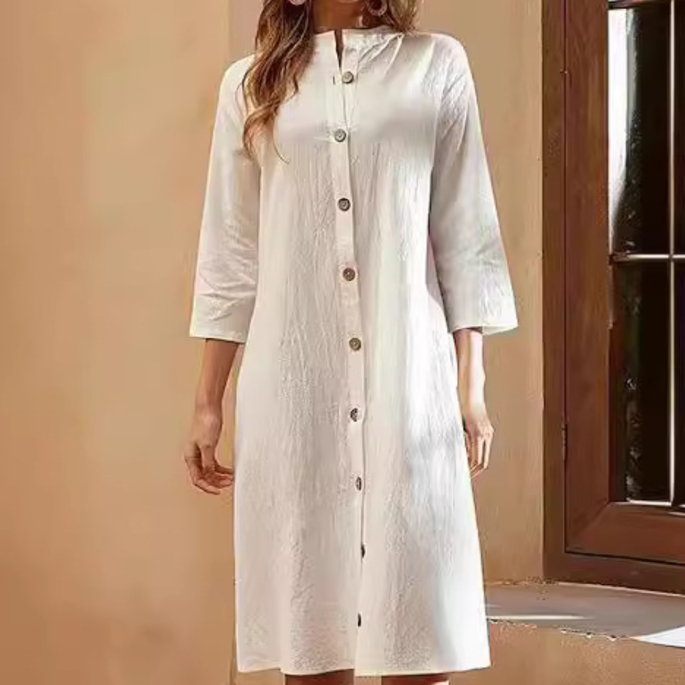 White Cotton Maxi Dress Button-Front Classic Design - Product detail 5