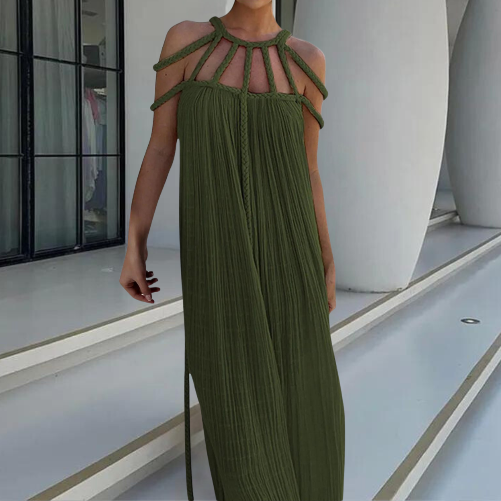 Pleated Maxi Dress Braided Halter Neckline Design - Product showcase
