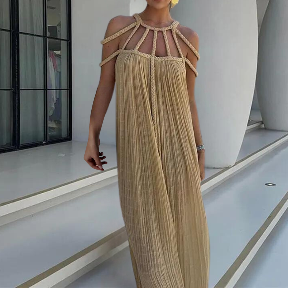 Pleated Maxi Dress Braided Halter Neckline Design - Product detail 10