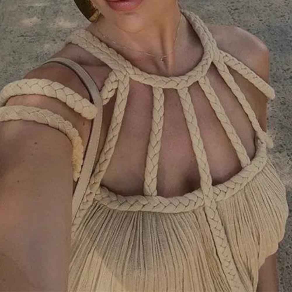 Pleated Maxi Dress Braided Halter Neckline Design - Product detail 6