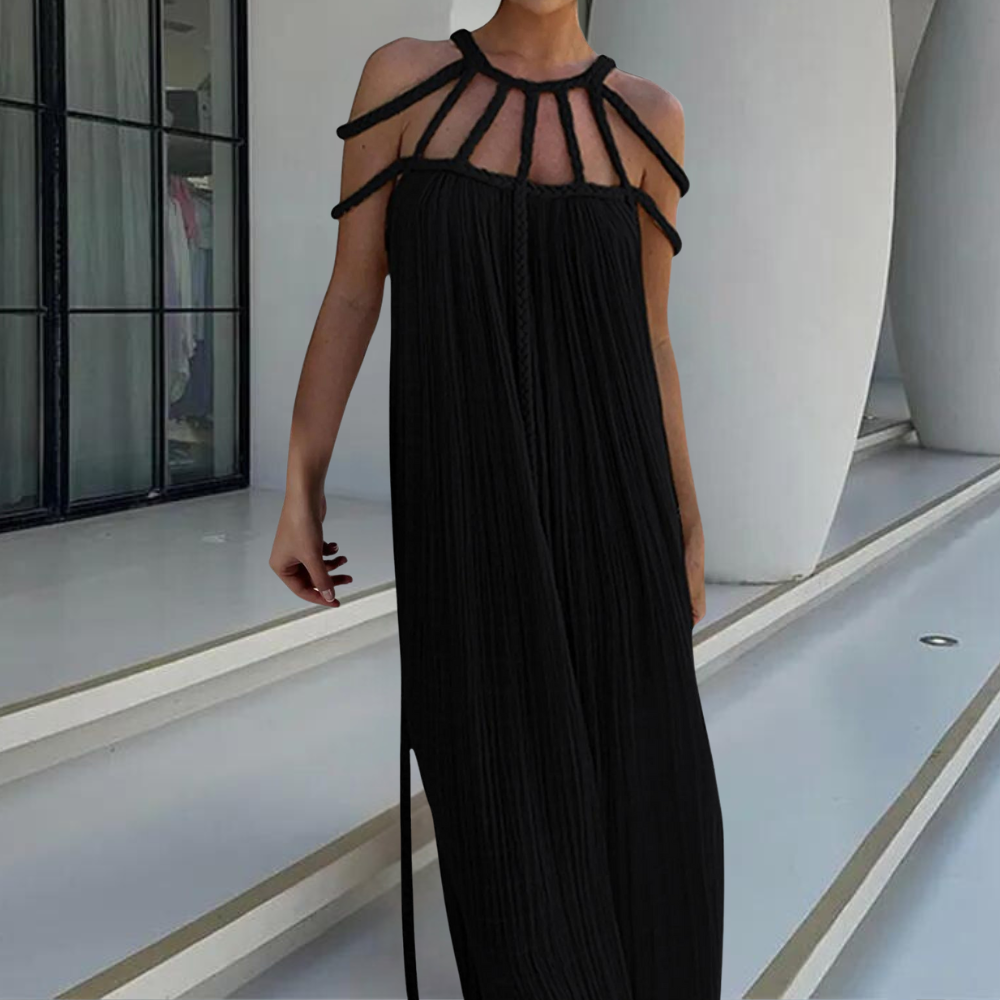 Pleated Maxi Dress Braided Halter Neckline Design - Detailed view