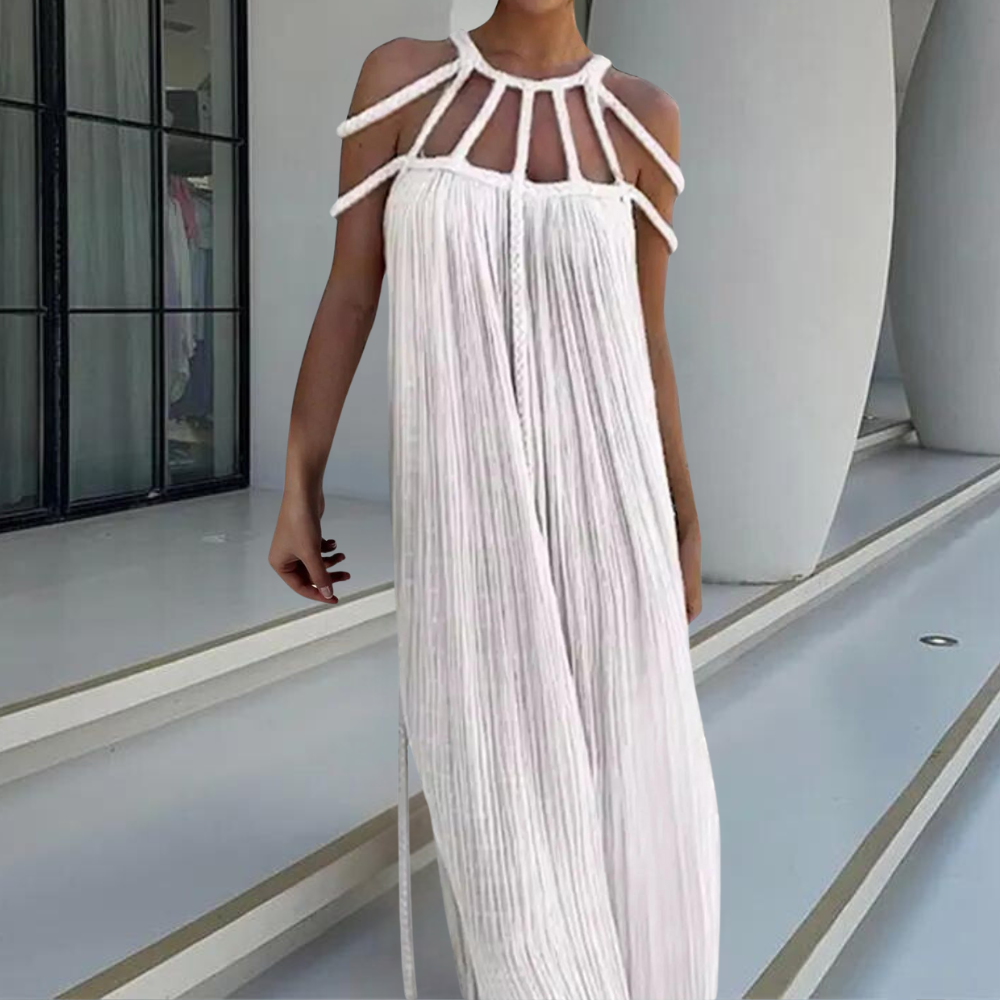 Pleated Maxi Dress Braided Halter Neckline Design - Product example