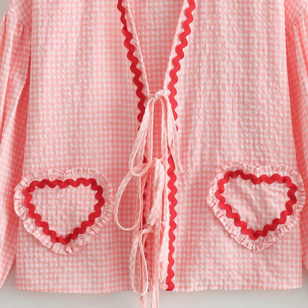 Gingham Heart Blouse Pink Cotton With Red Trim - Product example