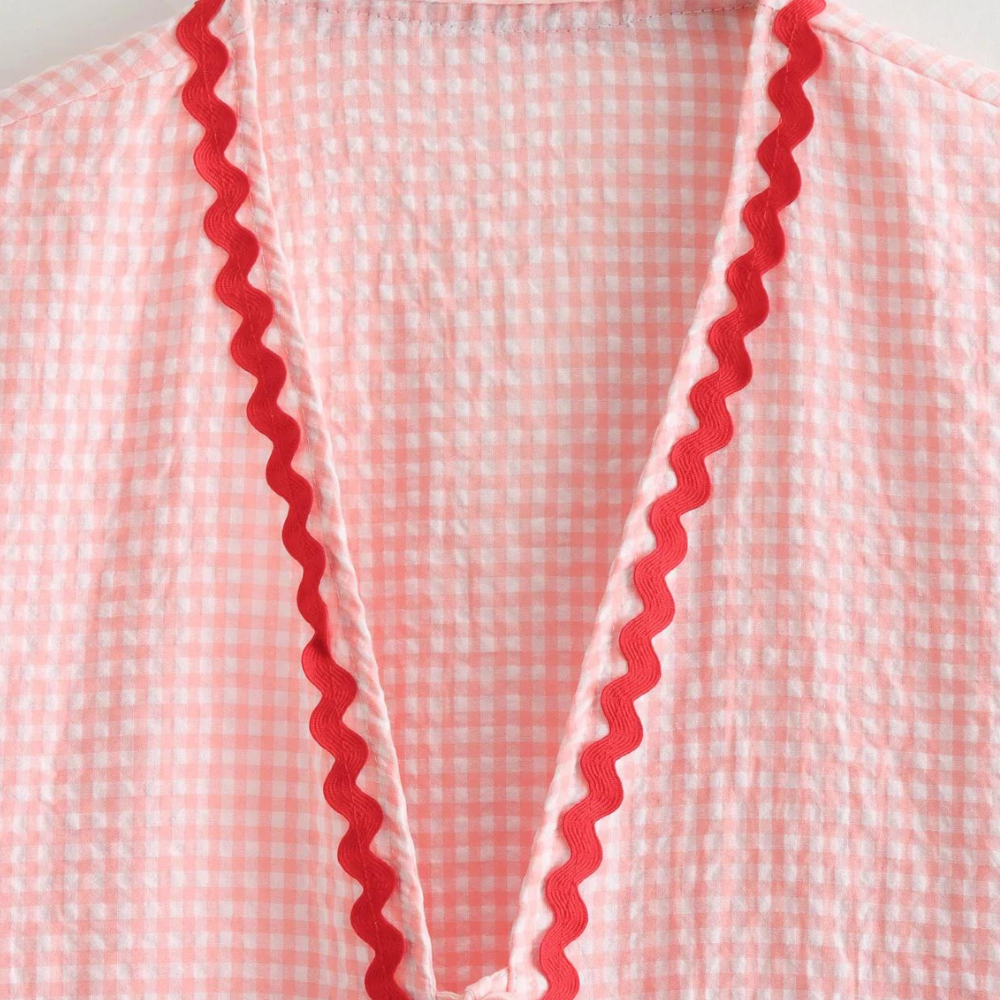 Gingham Heart Blouse Pink Cotton With Red Trim - Product detail 4