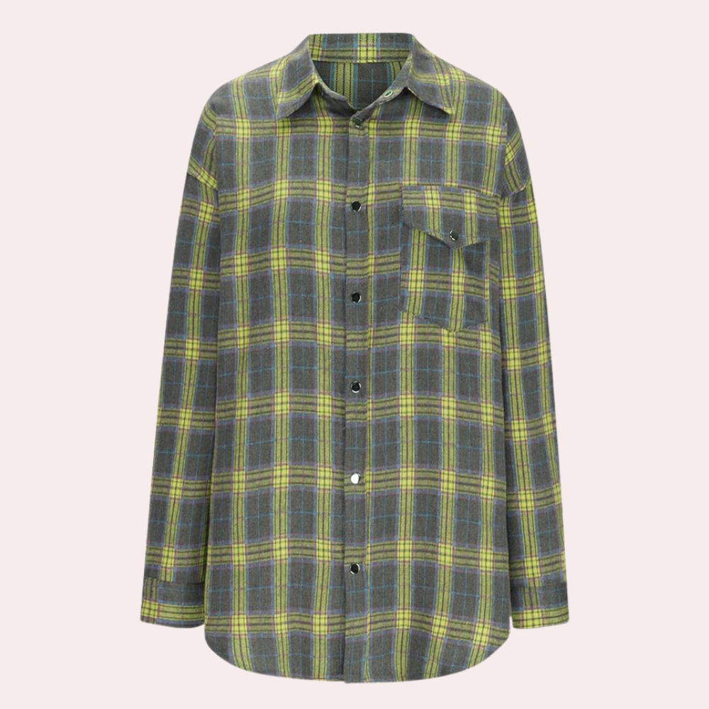 Plaid Button Down Shirt Relaxed Fit Green Checkered Pattern - Detailed view