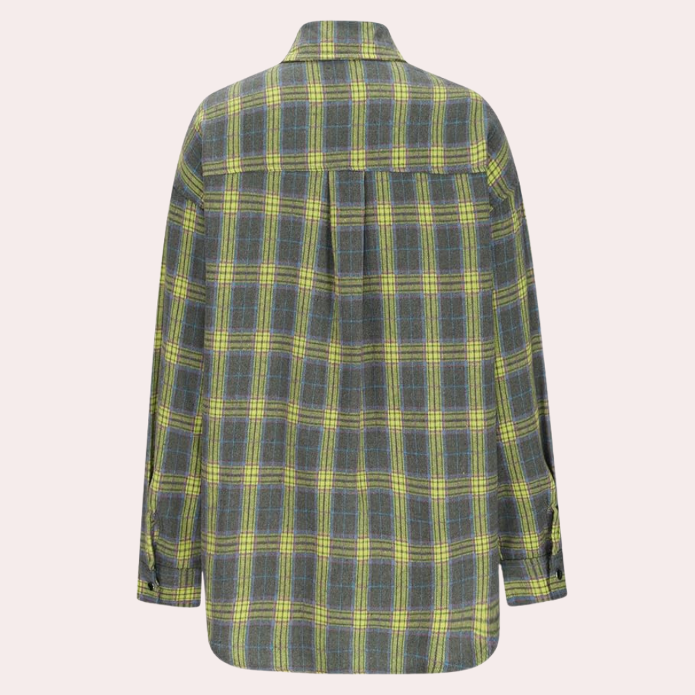 Plaid Button Down Shirt Relaxed Fit Green Checkered Pattern - Product example