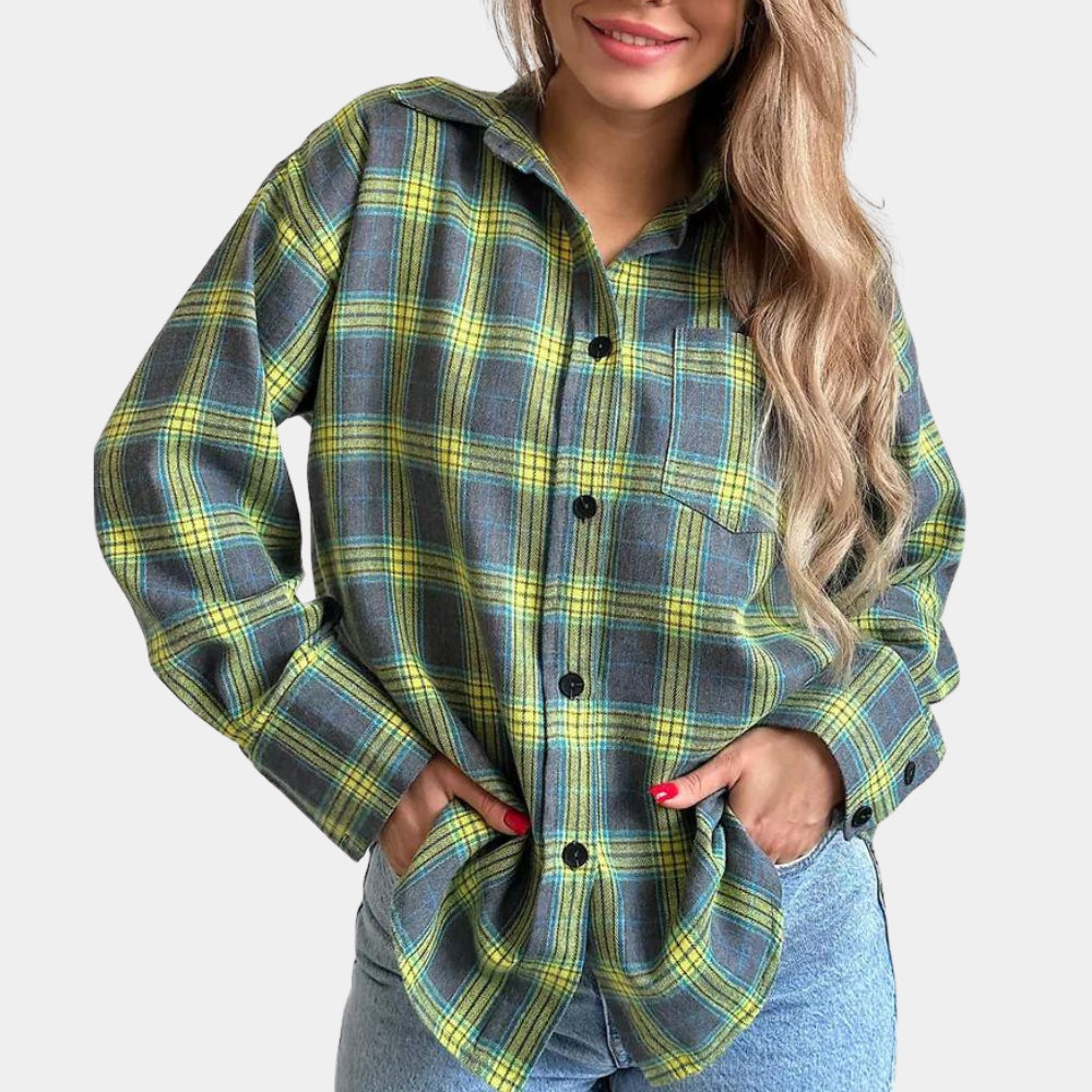 Plaid Button Down Shirt Relaxed Fit Green Checkered Pattern - Product showcase