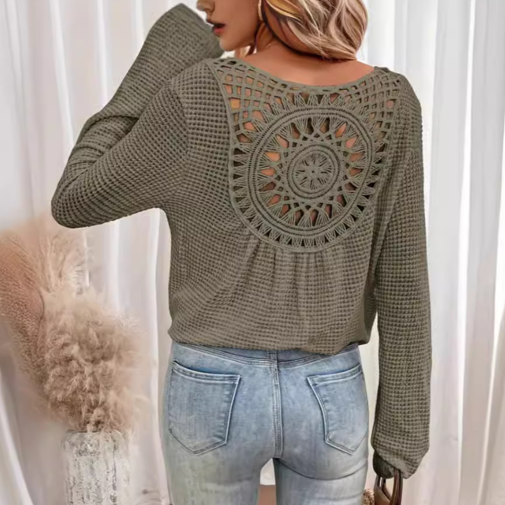Crochet Back Sweater Pink Mandala Pattern Knit - Detailed view