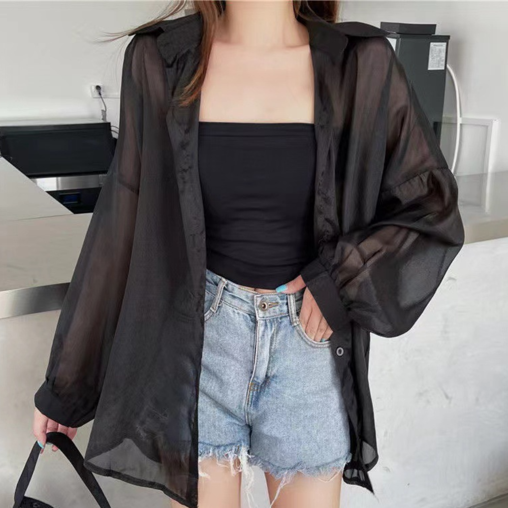 Sheer Button Down Blouse Sage Green Oversized Design - Product detail 9