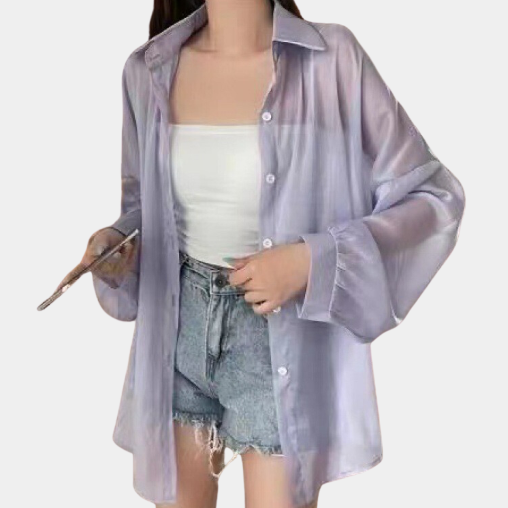 Sheer Button Down Blouse Sage Green Oversized Design - Product detail 4