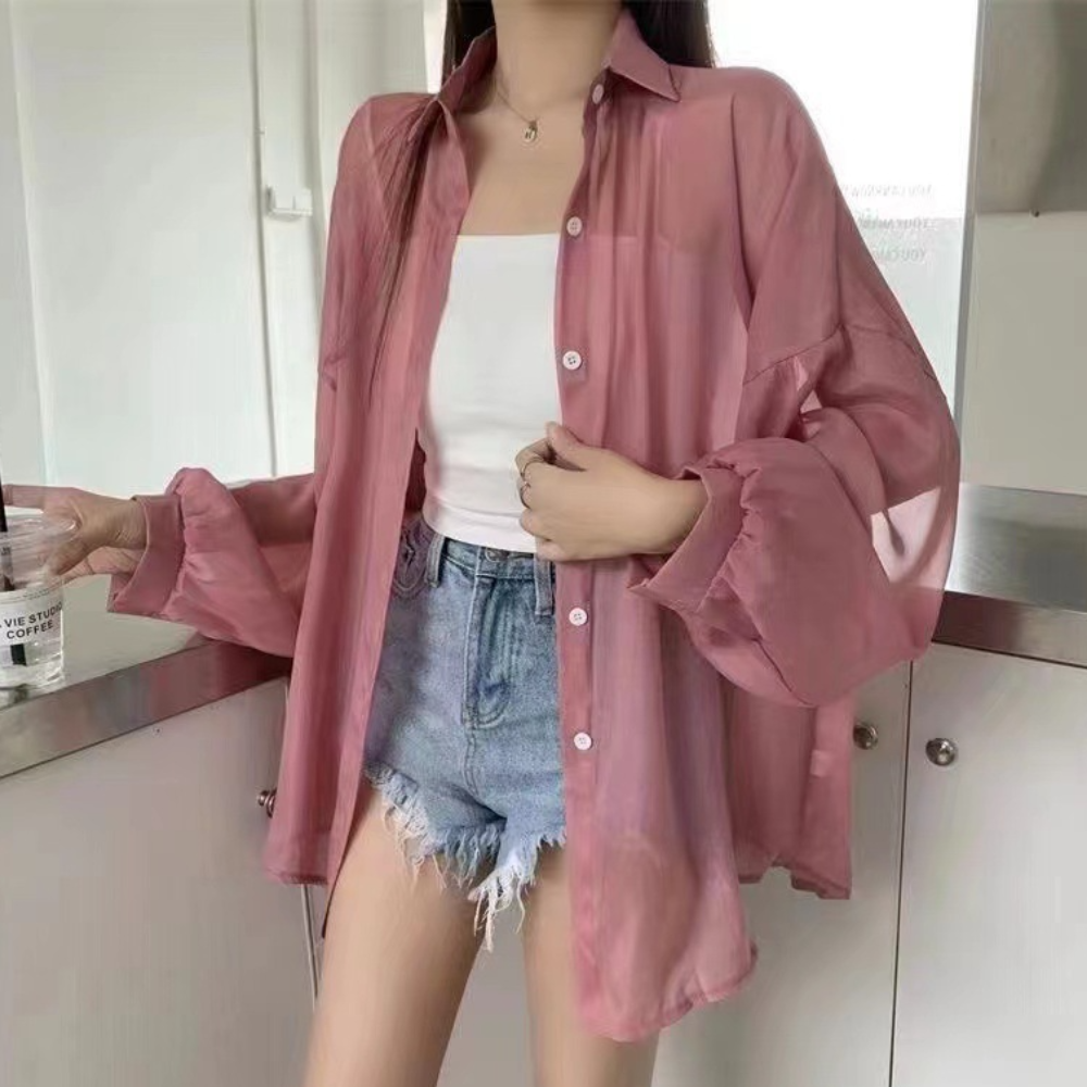 Sheer Button Down Blouse Sage Green Oversized Design - Product detail 10