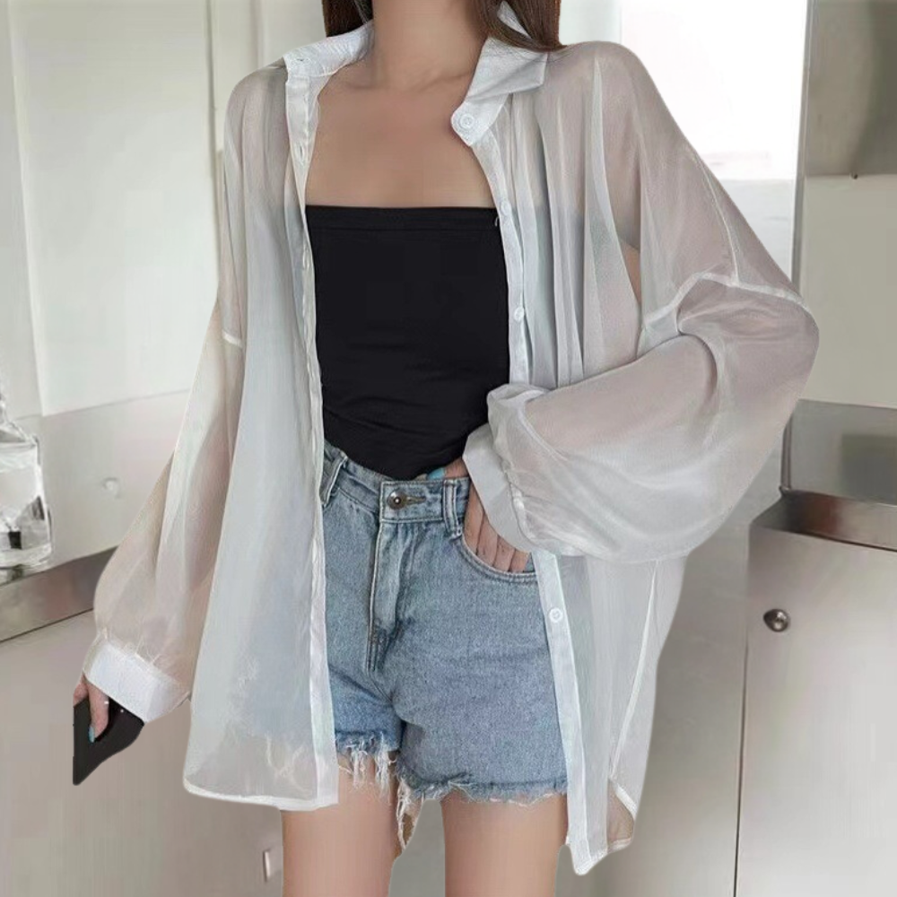 Sheer Button Down Blouse Sage Green Oversized Design - Product detail 11