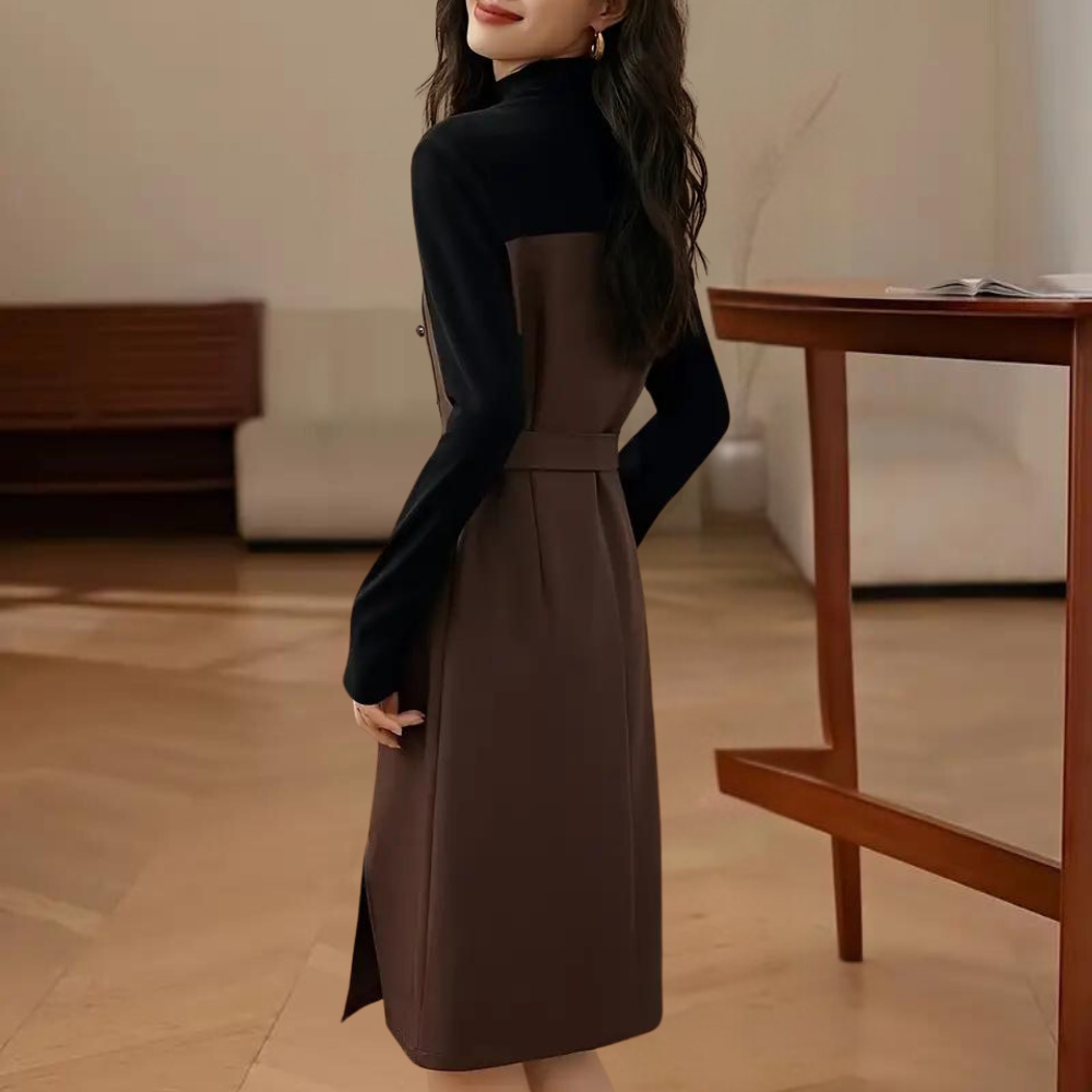 Color Block Midi Dress Belted Brown and Black Design - Product example