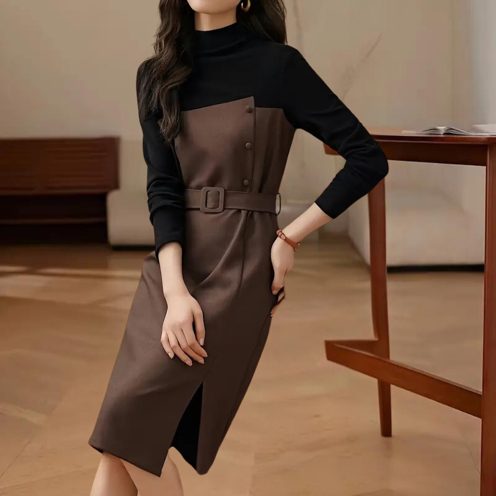 Color Block Midi Dress Belted Brown and Black Design - Detailed view