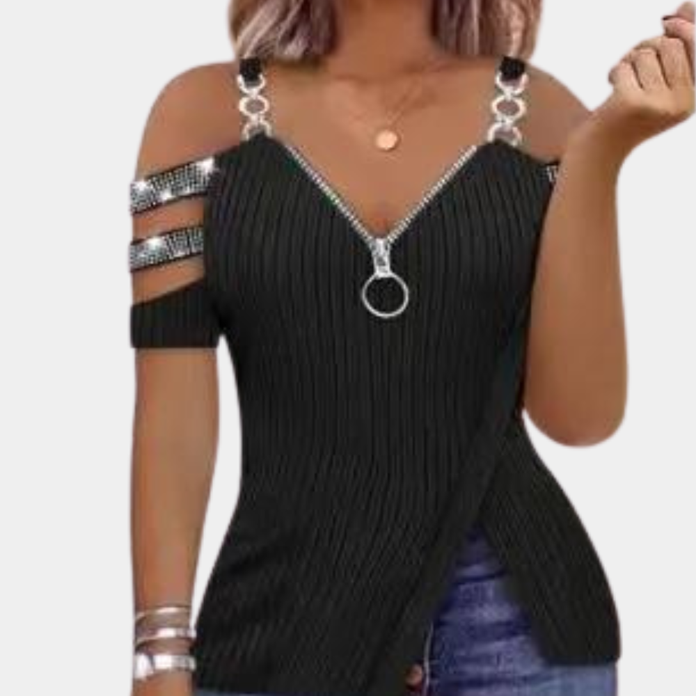 Womens Navy Cold Shoulder Top Zipper Front Ribbed Design - Product detail 10