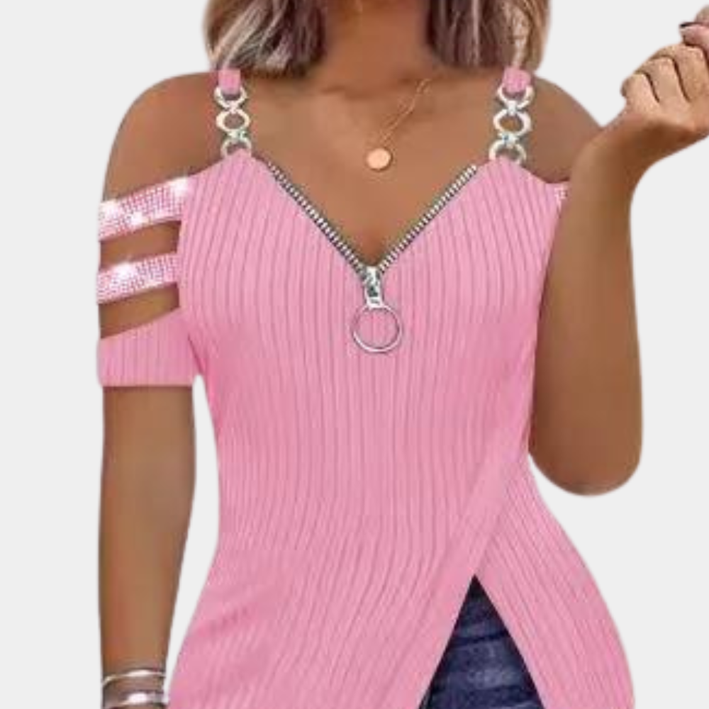 Womens Navy Cold Shoulder Top Zipper Front Ribbed Design - Detailed view