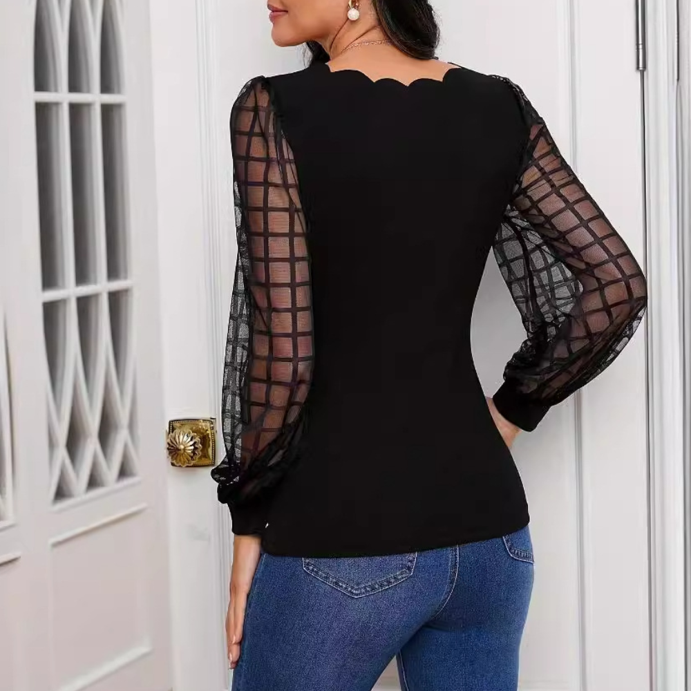 Elegant V-Neck Blouse Sheer Grid Sleeve Design - Detailed view