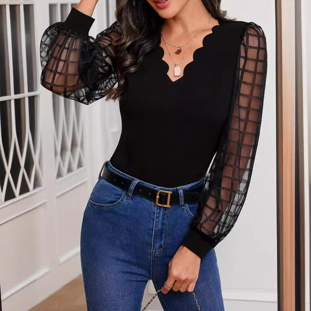 Elegant V-Neck Blouse Sheer Grid Sleeve Design - Product detail 7