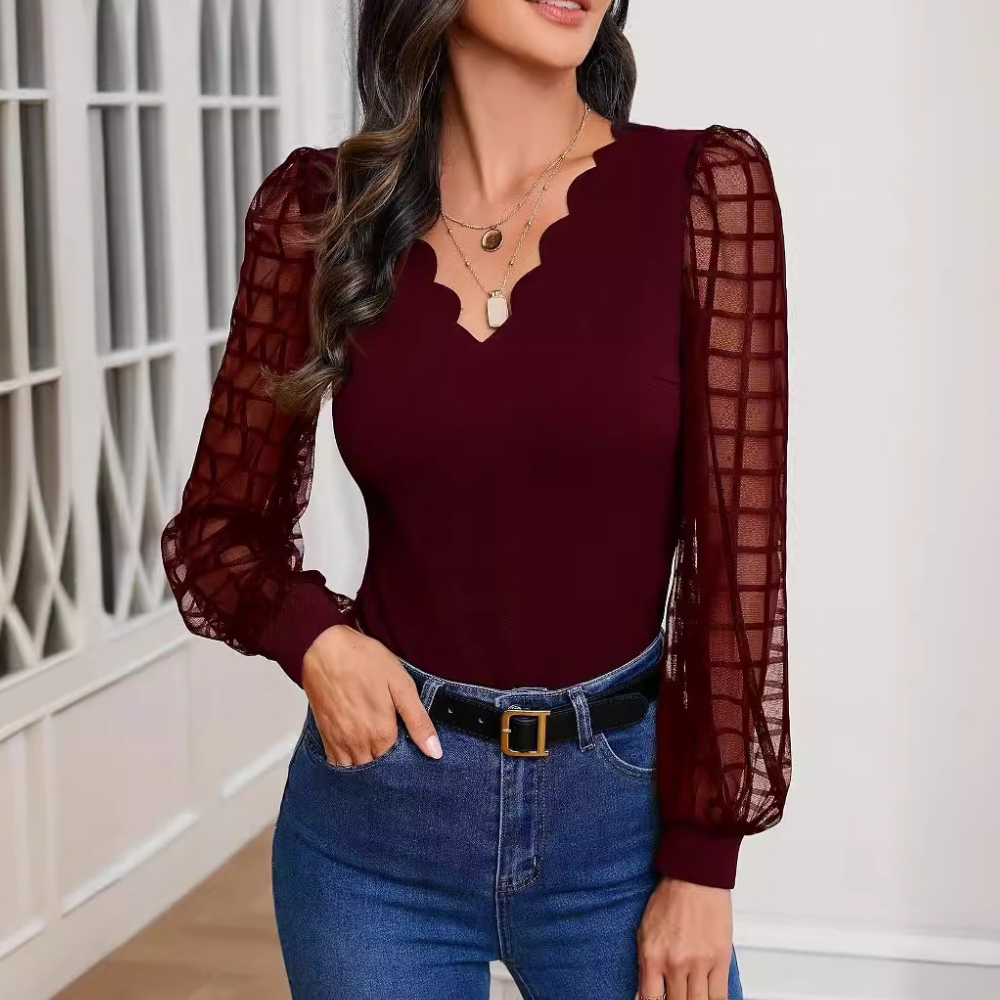 Elegant V-Neck Blouse Sheer Grid Sleeve Design - Product example