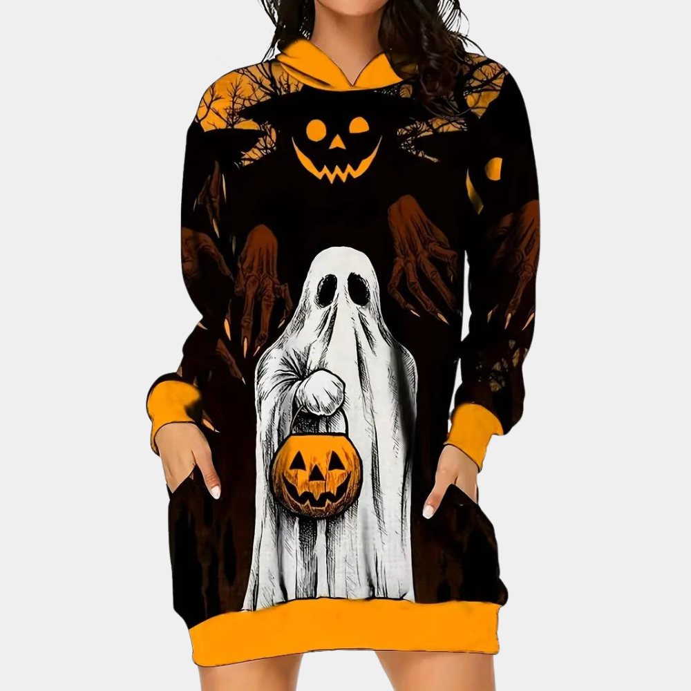 Halloween Hoodie Dress Ghost Pumpkin Print Design - Product showcase