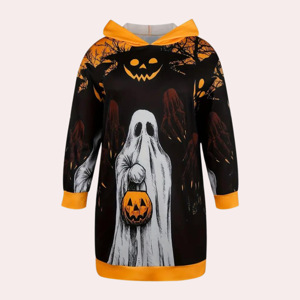 Halloween Hoodie Dress Ghost Pumpkin Print Design - Detailed view