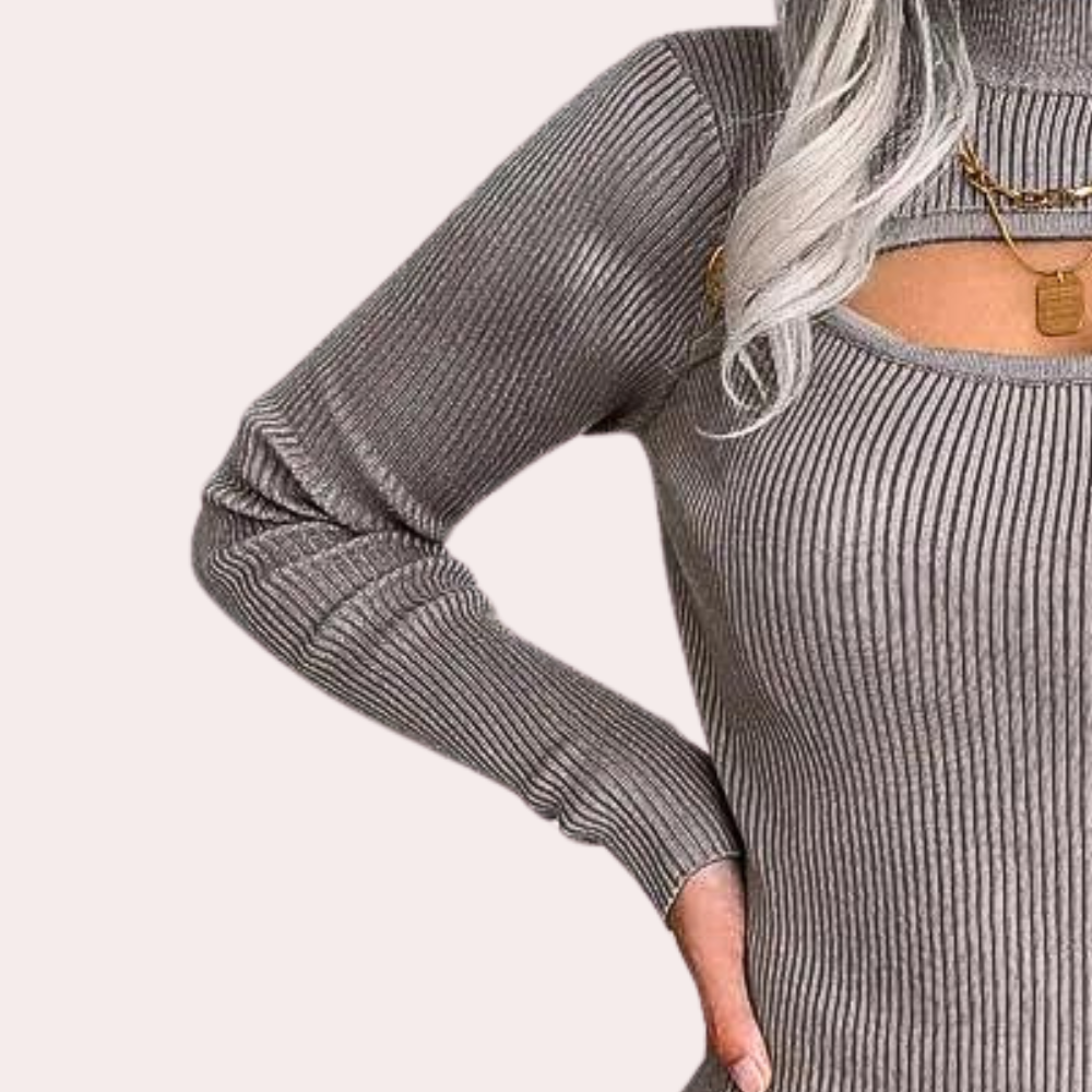 Ribbed Knit Midi Dress Cutout Detail Long Sleeve - Product detail 5