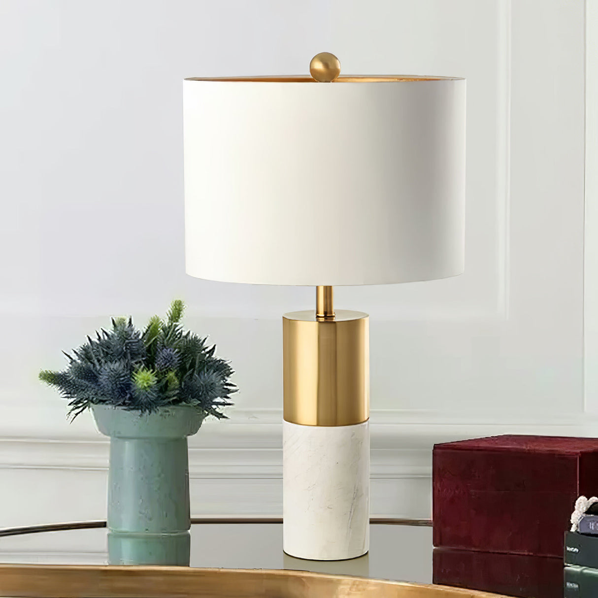 Modern Marble Table Lamp Gold Metal and White Shade - Detailed view