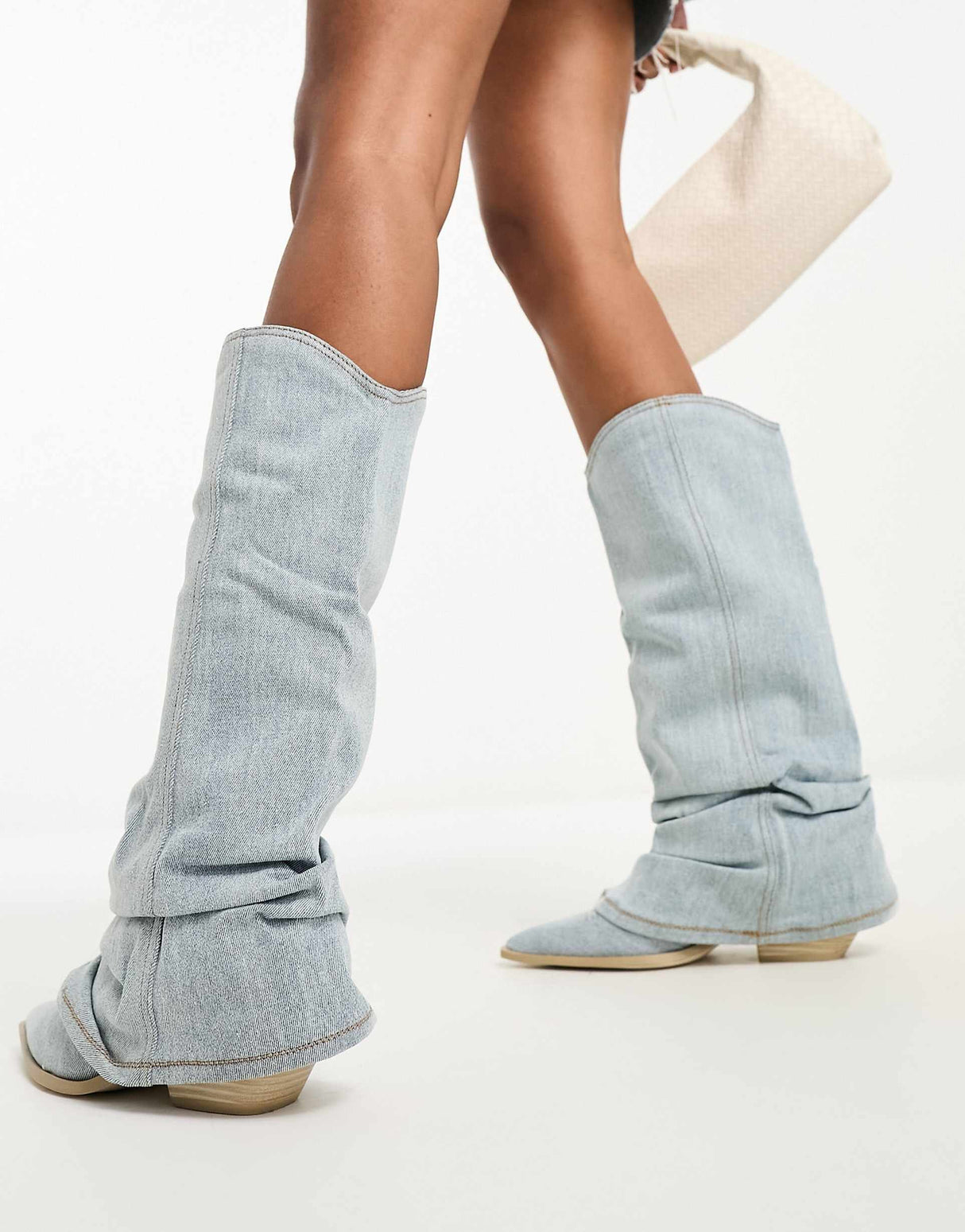 Denim Knee High Boots  Light Blue Slouchy Western Style - Product example