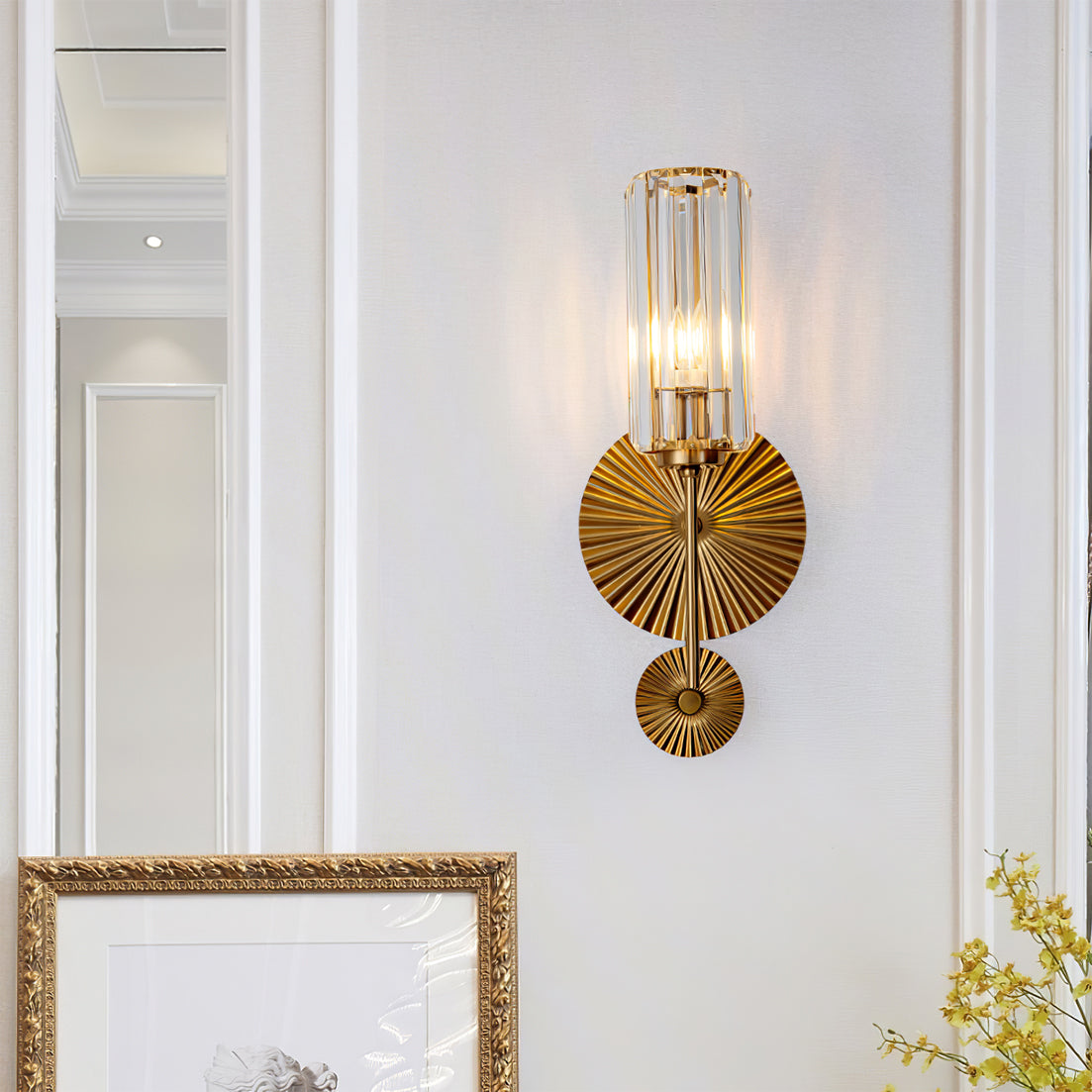 Art Deco Wall Sconce Crystal Glass Cylinder With Brass Sunburst - Detailed view