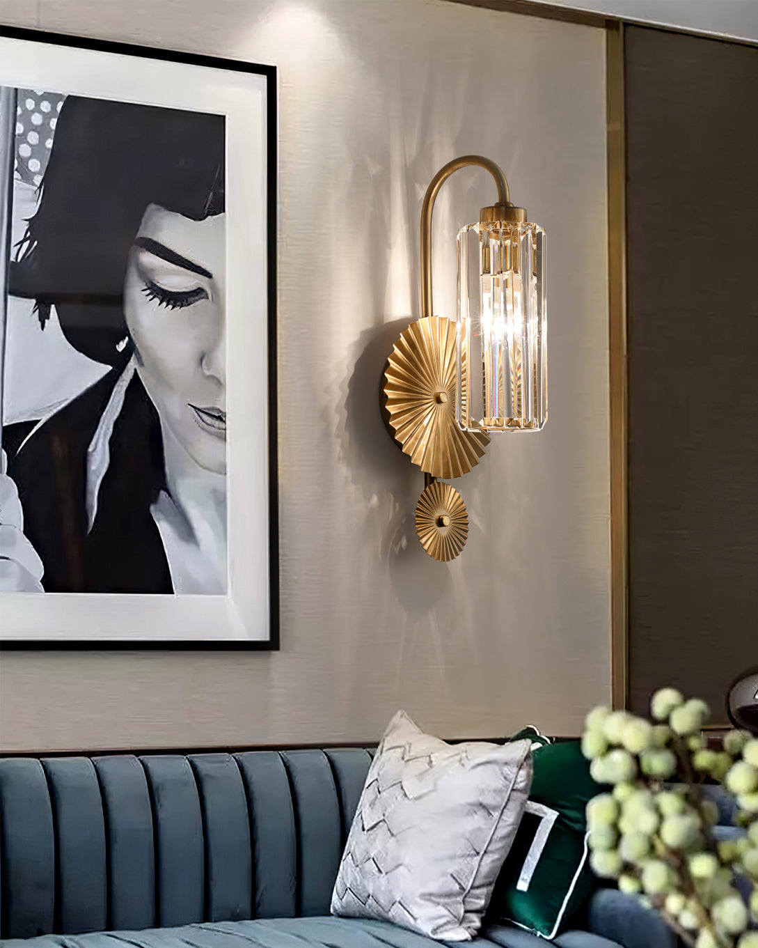 Art Deco Wall Sconce Crystal Glass Cylinder With Brass Sunburst - Product detail 11