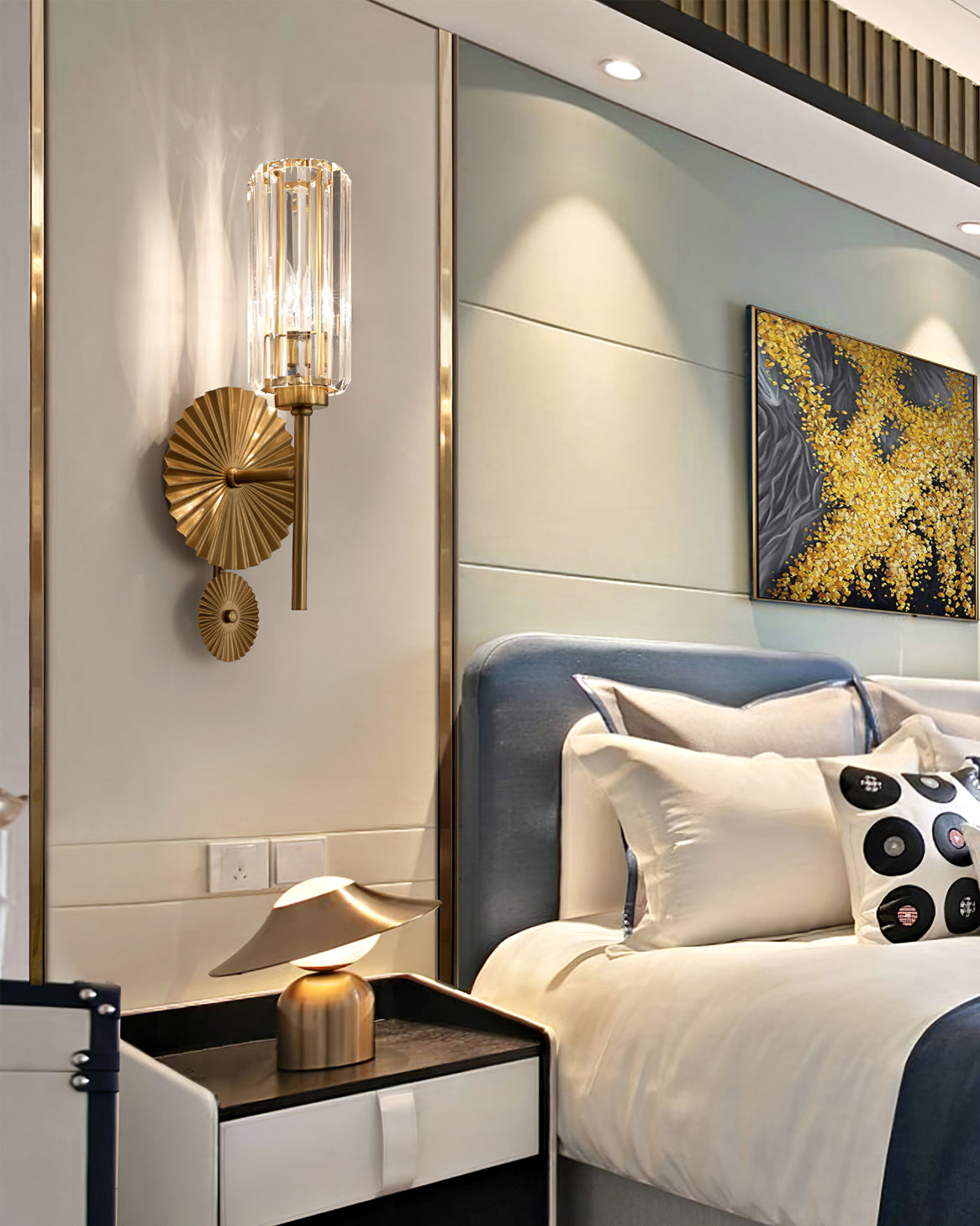 Art Deco Wall Sconce Crystal Glass Cylinder With Brass Sunburst - Product detail 9