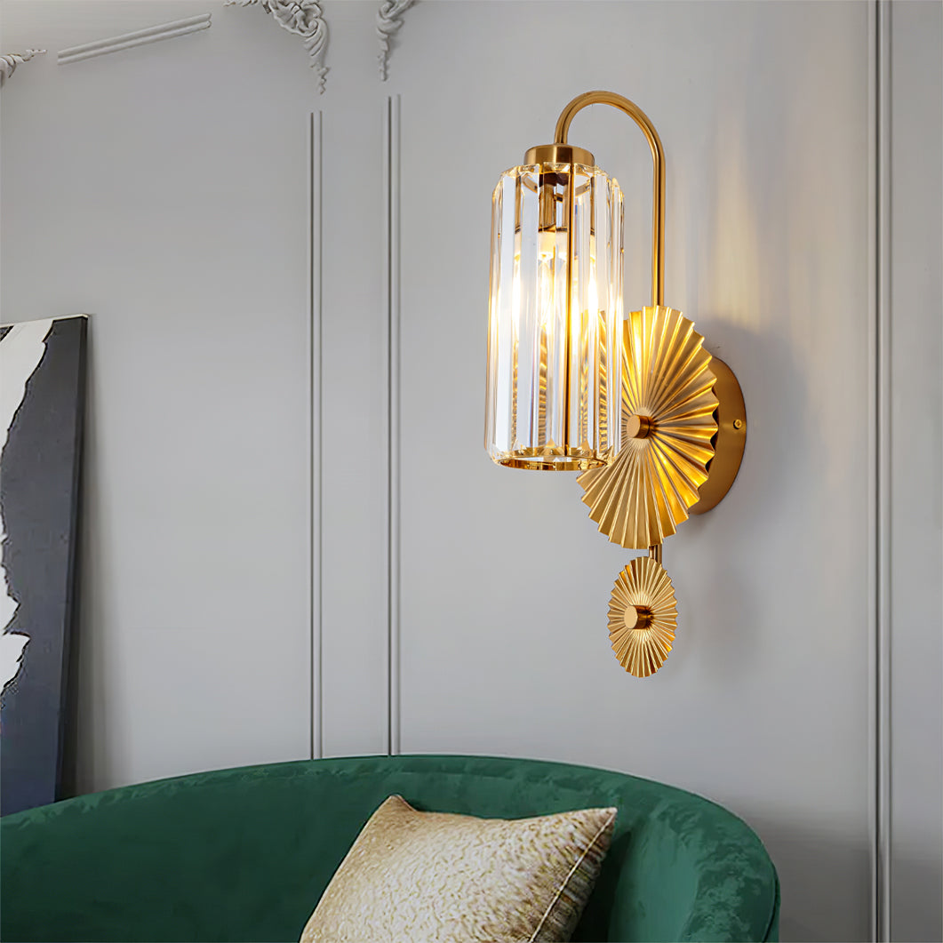 Art Deco Wall Sconce Crystal Glass Cylinder With Brass Sunburst - Product detail 5