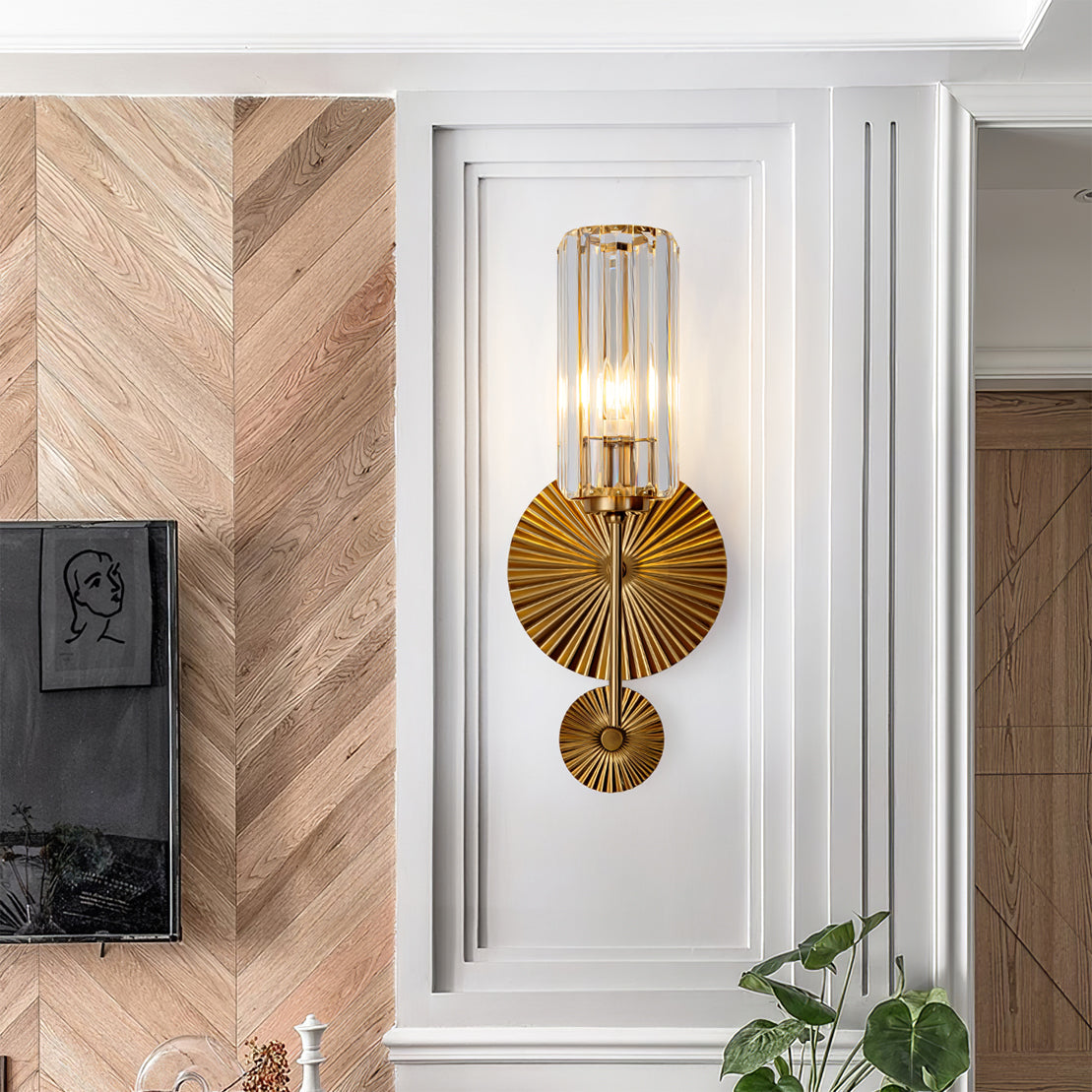 Art Deco Wall Sconce Crystal Glass Cylinder With Brass Sunburst - Product example