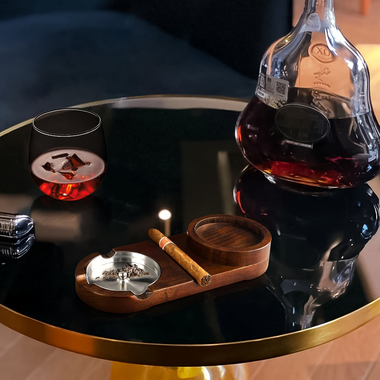 Wooden Cigar Ashtray Crystal Whiskey Glass Tray Set - Product detail 4