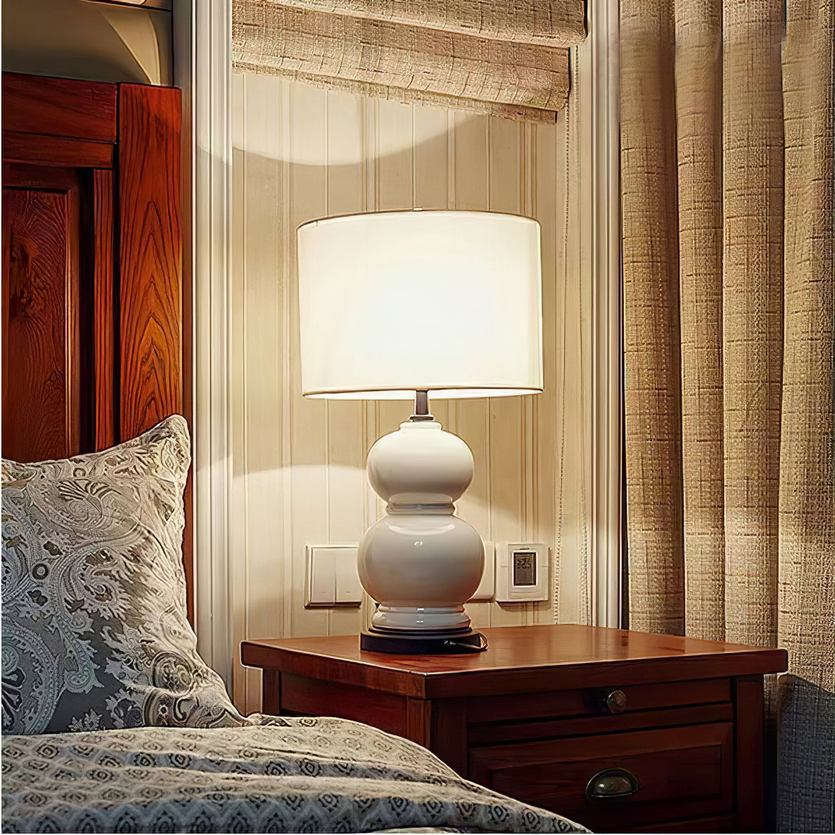 Ceramic Table Lamp White Gourd Base with Linen Shade - Detailed view