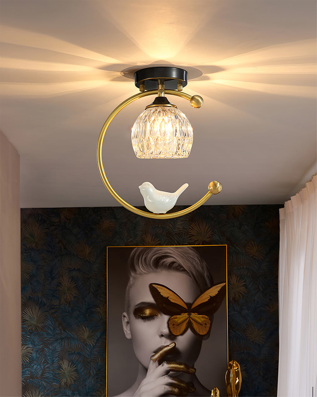 Modern Bird Ceiling Light Brass Frame Glass Shade - Product detail 4